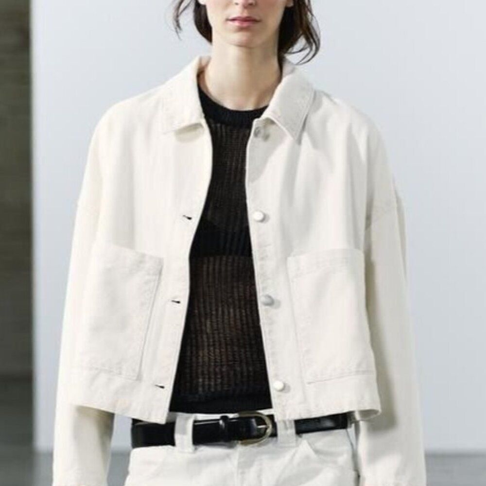 Zara Womens Overshirt Jacket Size L Off White Floral Patch Pocket 4877/240 NWOT